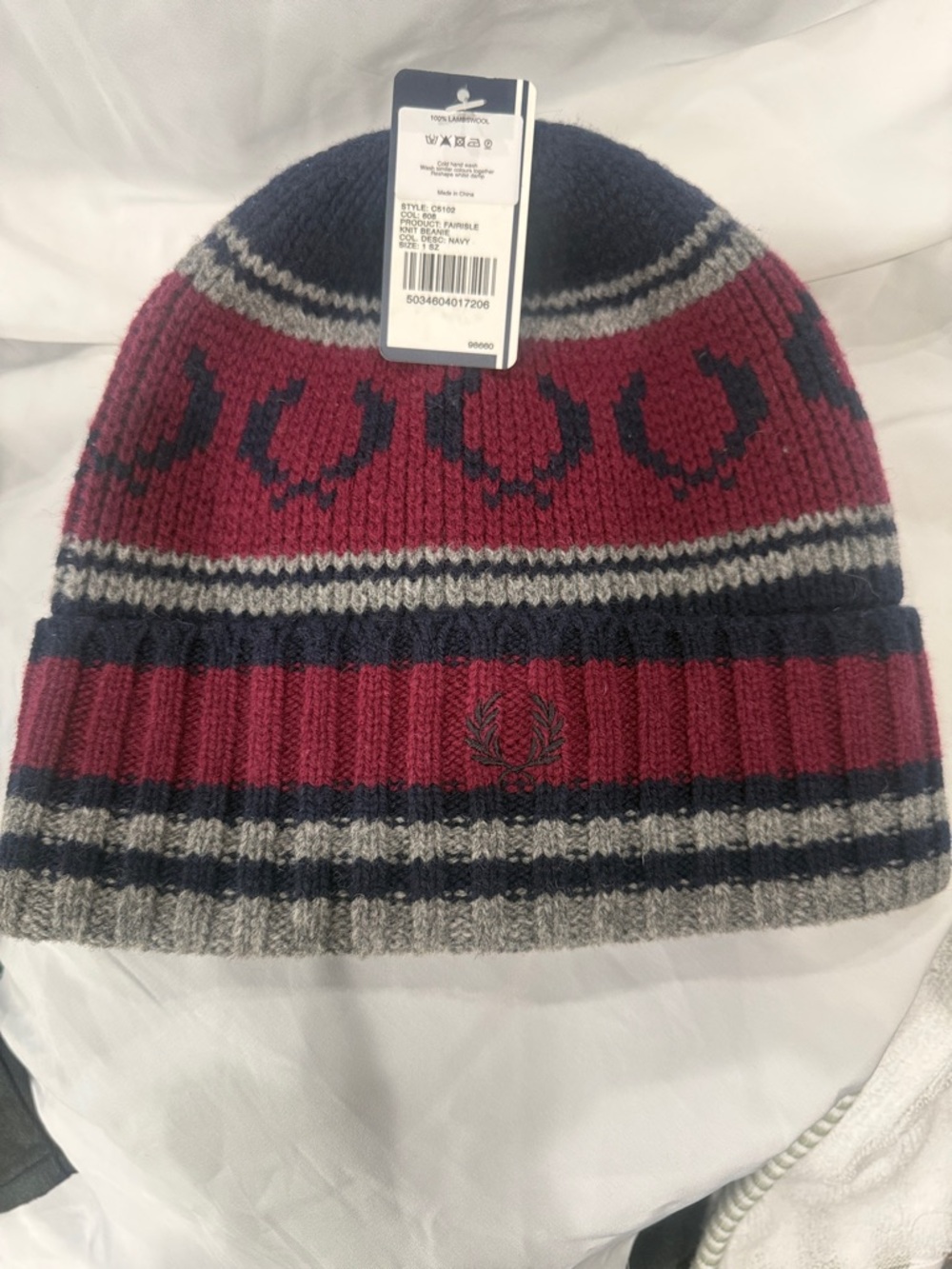 Fred Perry Maroon, Navy & Gray Striped Knit Beanie